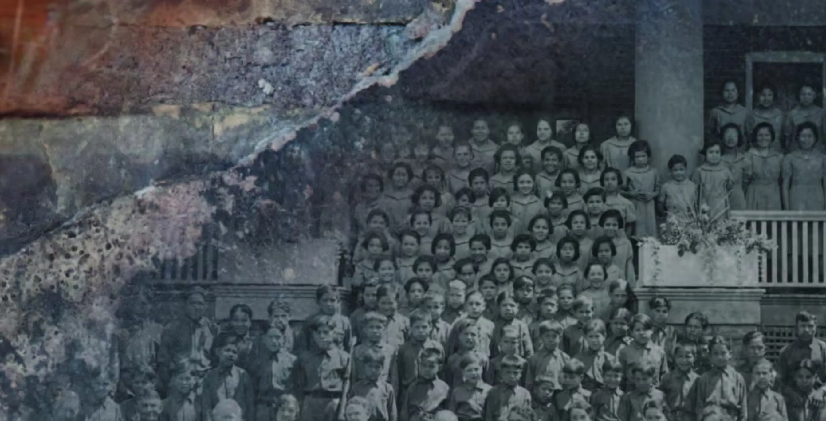 An archival image of students at the Mohawk Institute