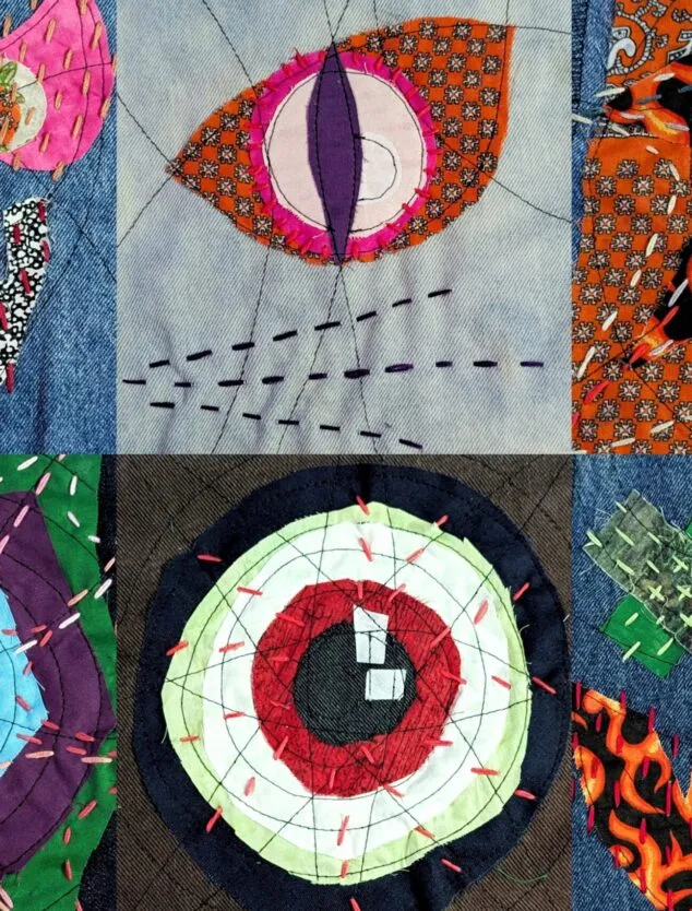 Examples of different halloween eboridery motifs and techniques, including spoopy eyes, jack-o-lantern faces and spiderwebs