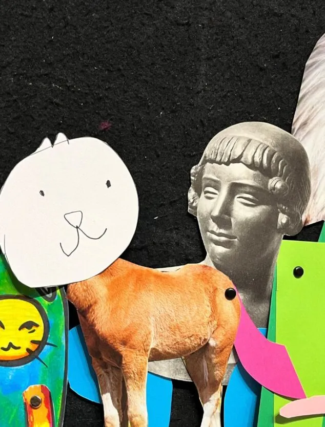 collaged characters are laid out on top of a black background