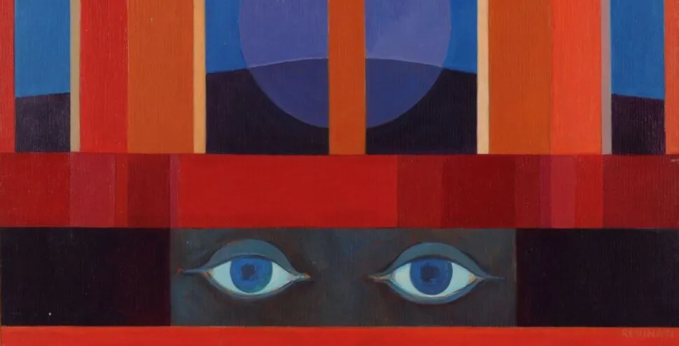 bright orange blocks appear next to monochromatic shapes in red and yellow. At the bottom of the image, two eyes pear out of a black rectangle.
